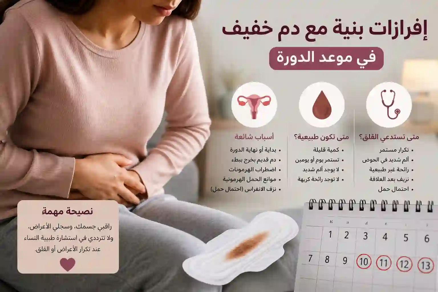 إفرازات بنية مع دم خفيف في موعد الدورة: متى تكون طبيعية ومتى تحتاجين للكشف؟